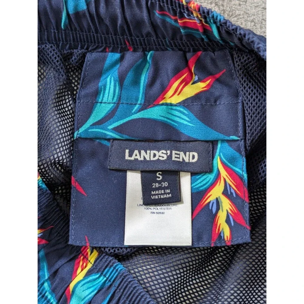 Lands End Swim Trunks Mens S Blue Tropical Floral Lined Drawstring Quick Dry